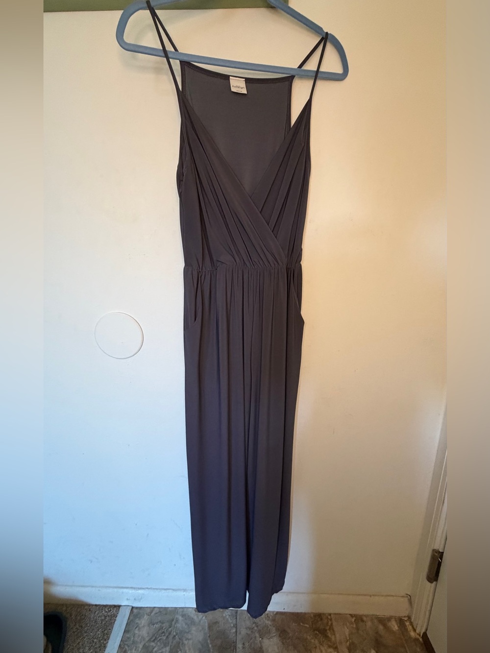 Kaileigh Slate Gray Spaghetti-Strap Wrap Maxi Jumpsuit